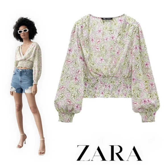 ZARA | Green | PRINTED SHIRT WITH ELASTIC WAIST - Picture 1 of 10